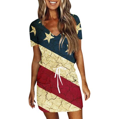 Kddylitq Short Sleeve Th Of July Dress For Women Pockets American Flag