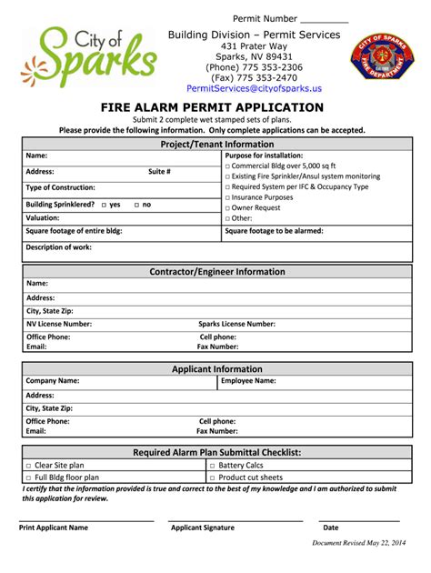 Nv Fire Alarm Permit Sparks Sample Fill Online Printable