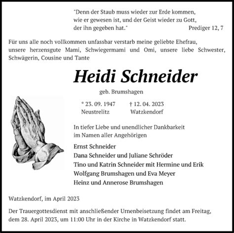 Traueranzeigen Von Heidi Schneider Trauer Nordkurier