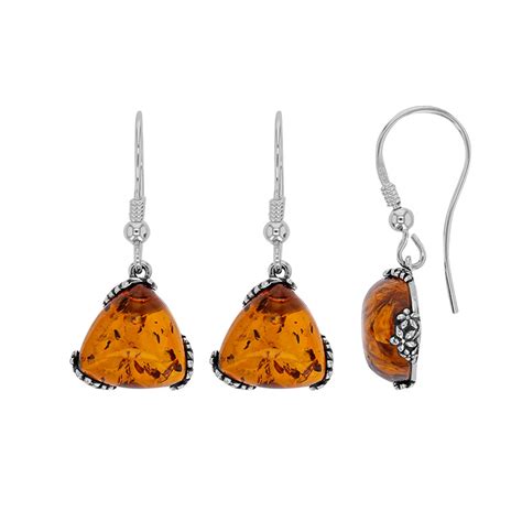 Fils D Oreilles Forme Triangle En Ambre Cognac Argent 925 1000 Vieilli