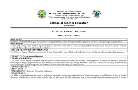 Assessment Of Learning Republic Of The Philippines Occidental