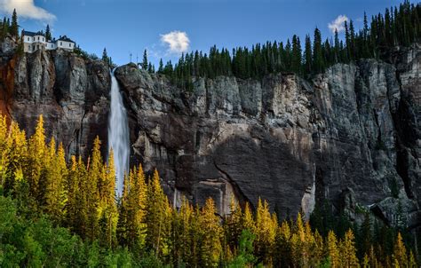 Wallpaper Autumn The Sky Trees Mountains Rock House Waterfall For