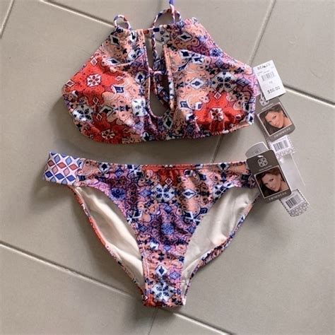 Daisy Fuentes Swim Daisy Fuentes Multi Peach Keyhole High Neck Bikini Set Sz Summer Vacation