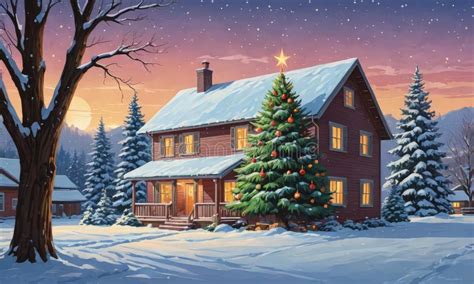 Cozy Two-story House with Porch and Christmas Tree Stands in Snowy ...