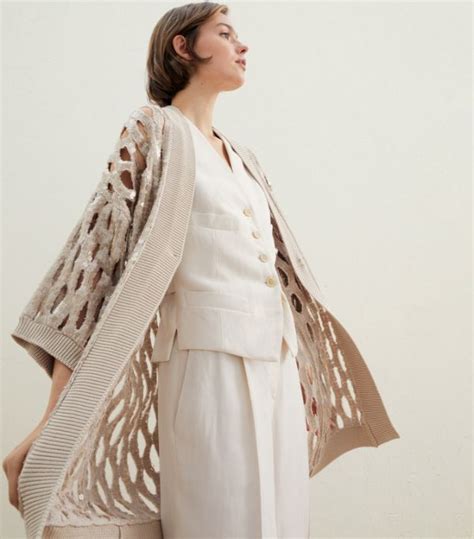 Womens Brunello Cucinelli Neutrals Sequin Embellished Longline Cardigan