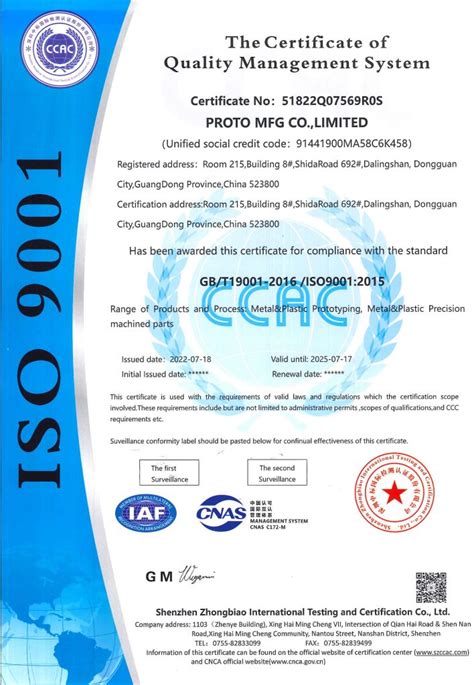 Certification ISO 9001 ISO 13485 Proto MFG