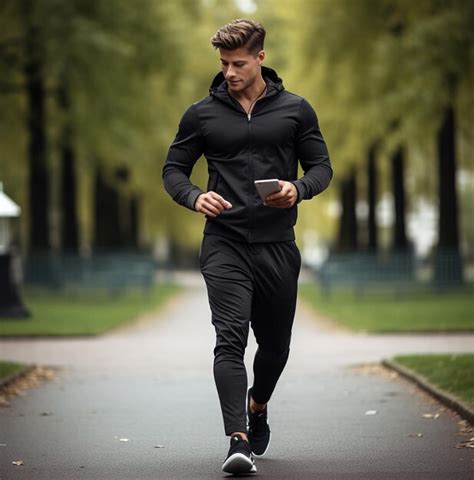 Premium Ai Image A Man Is Jogging Down A Path With A Phone In His Hand