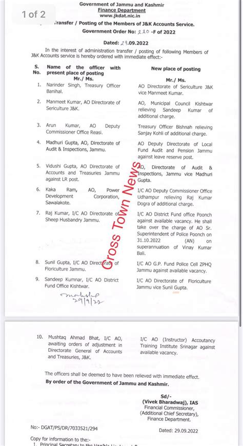 J K Govt Orders Transfers And Postings Of AO Treasury Officers