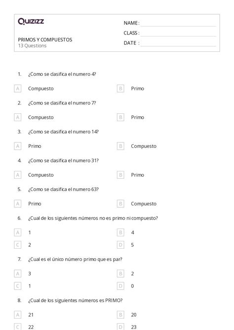 50 Números primos y compuestos hojas de trabajo para Grado 7 en