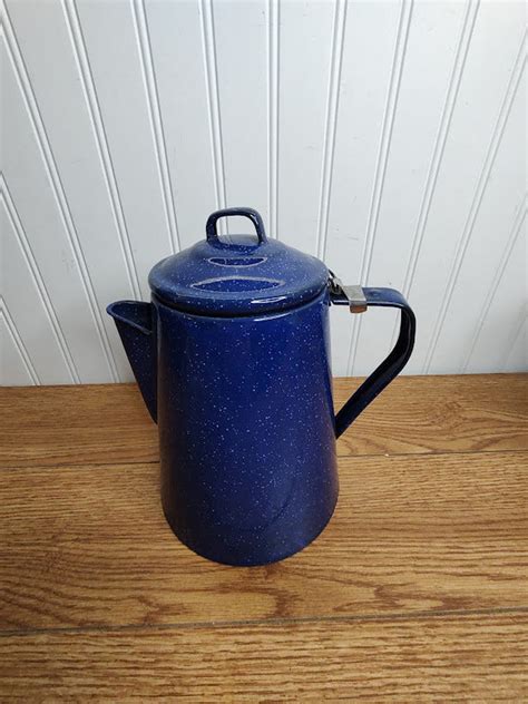 Blue Speckled Enamelware Coffee Pot Powerless Coffee Farmhouse Decor