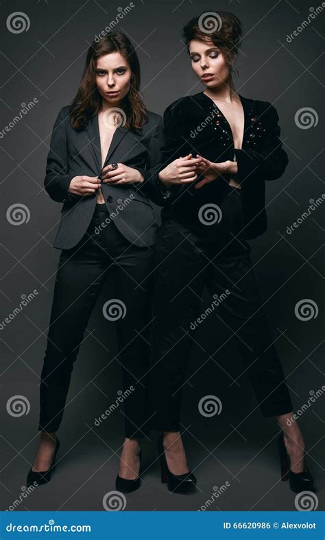Portrait Of Two Beautiful Sensual Brunette Models Twins Stock Photo Image Of Glam Brunette