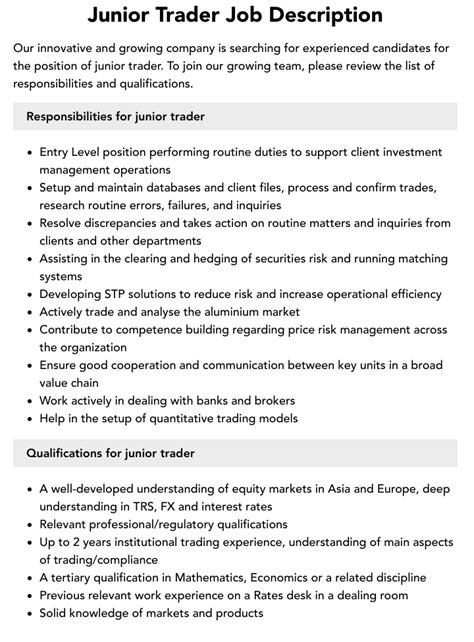 Junior Trader Job Description Velvet Jobs