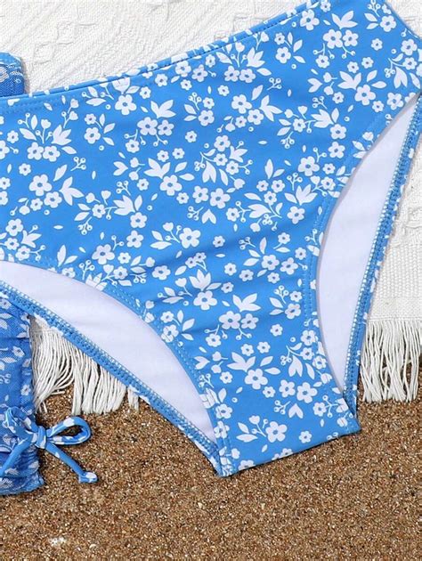 Conjunto De Bikini Con Estampado Floral Diminuto Y Falda De Playa Para Ni A Preadolescente
