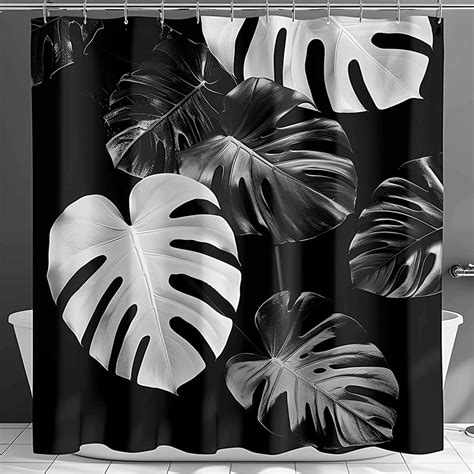 Monstera Leaves Shower Curtain Black And White Design Modern Art Style