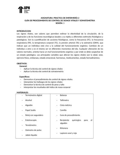 Gu A De Procedimiento De Control De Signos Vitales Y Somatometr A En