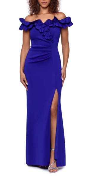 Xscape Ruched Ruffle Scuba Gown In Marine At Nordstrom