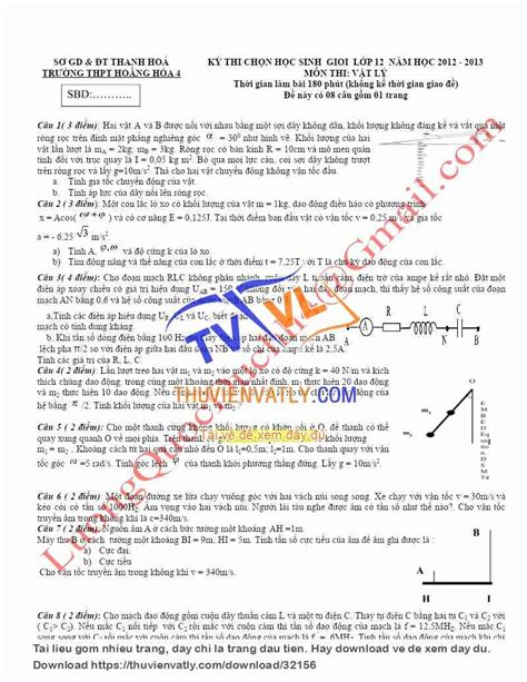 doc ĐỀ THI VÀ ĐÁP ÁN HSG VẬT LÝ 12 NĂM 2013 Thư Viện Vật Lý