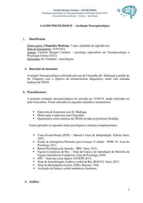 Modelo de Laudo Psicológico Psicóloga especialista em Neuropsicologia