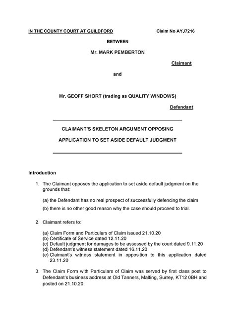 Claimant S Skeleton Argument Application To Set Aside Default Judgment