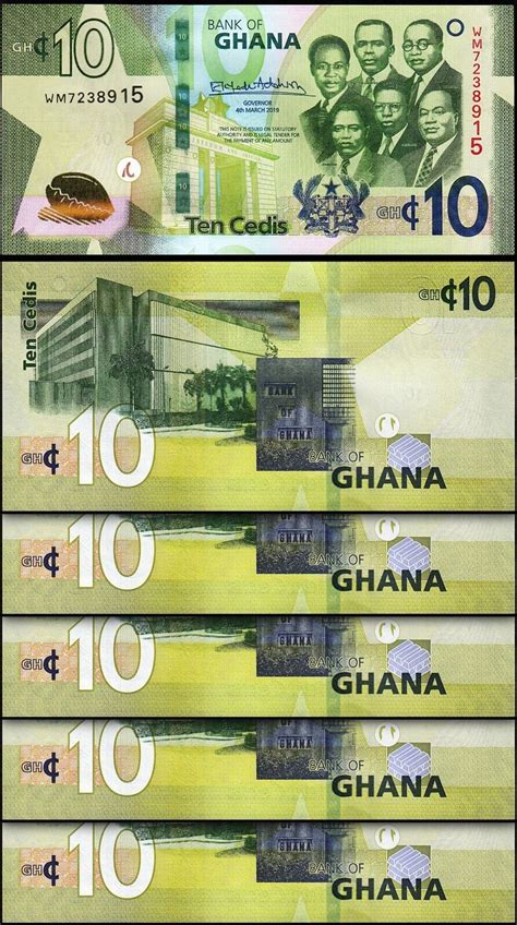 Ghana 10 Cedis 2019 Unc 5 Pcs Lot Consecutive P 47 Fortumor