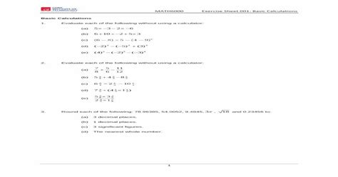 Math Exercise Sheet Basic Calculations Math Exercise