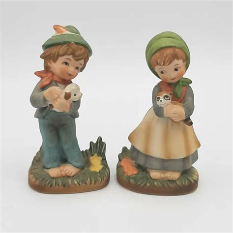 Vintage Ceramic Napco Figurine Girl Holding Racoon Barefoot Figure Boy