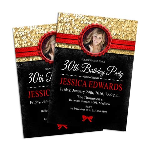 Adult Birthday Invitation With Photo Red Black Gold Invite Etsy