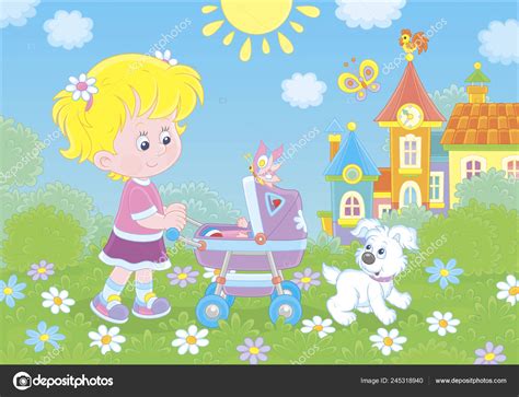 Little Girl Walking Her Toy Baby Buggy Small Puppy Park Stock Vector