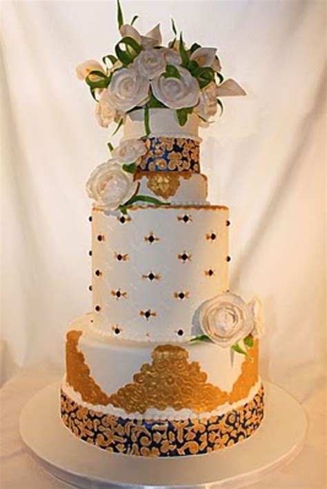 Elegant Royal Blue And Gold Wedding Cake - CakeCentral.com