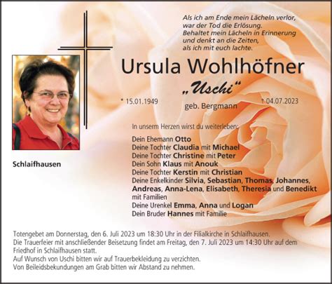 Ursula Wohlhäfner Traueranzeige trauer inFranken de