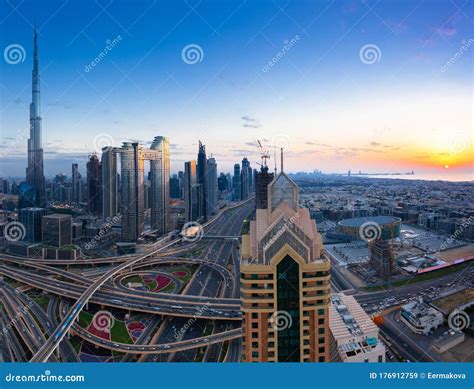 Dubai Panorama At Sunset Uae Stock Image Image Of Khalifa Cityscape