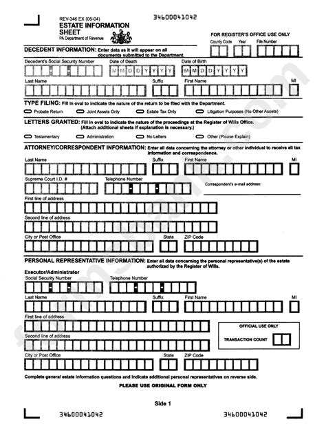 Form Rev 346 Ex Estate Information Sheet State Of Pennsylvania