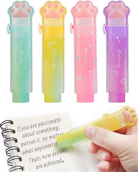 Anvin 4pcs Sliding Retractable Pencil Erasers With Cat Paw Plastic Sleeve Cute Jelly Erasers For