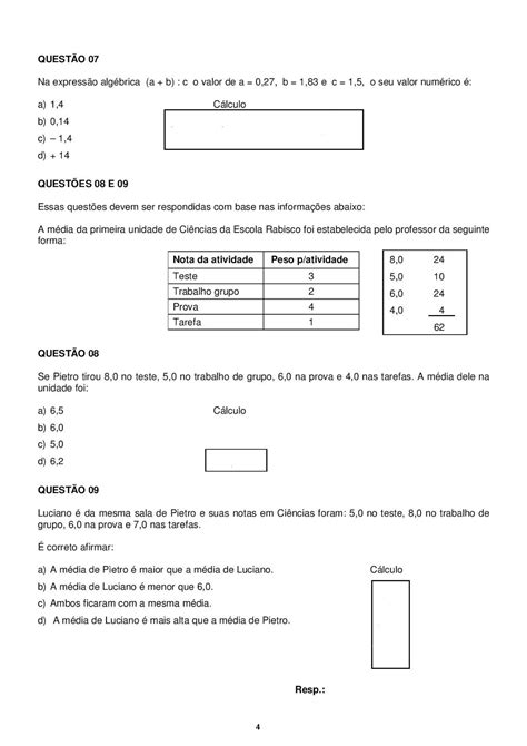 Exercicios De Matematica 7 Ano 1 Bimestre Com Gabarito