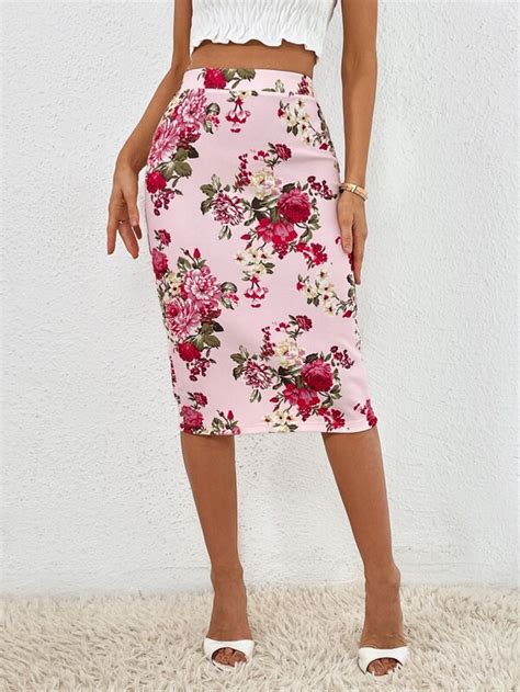 Shein Privé Floral Print Pencil Skirt Shein Usa