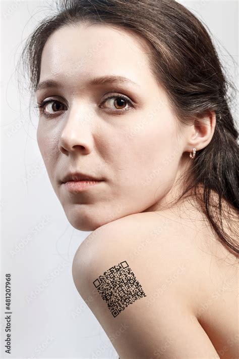 Naked Girl With Coronavirus Vaccination QR Code On Her Shoulder Stock