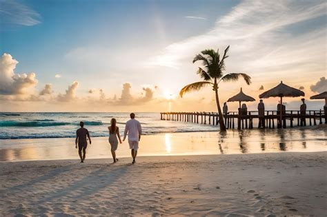 Una Familia Camina Por La Playa Al Atardecer Foto Premium