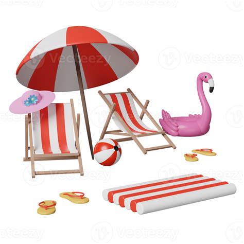 Summer Sea Beach And Island With Beach Chair Umbrella Ball Inflatable Flamingo Cloud