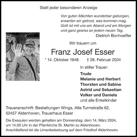 Traueranzeigen Von Franz Josef Esser Aachen Gedenkt