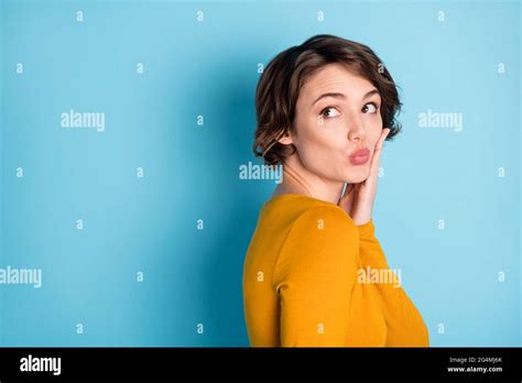 Profile Portrait Of Nice Optimistic Brunette Lady Blow Kiss Look Empty