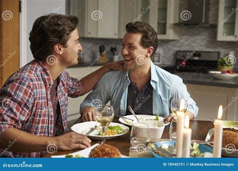 Male Gay Couple Having A Romantic Dinner In Their Kitchen Stock Image Image Of Caucasian