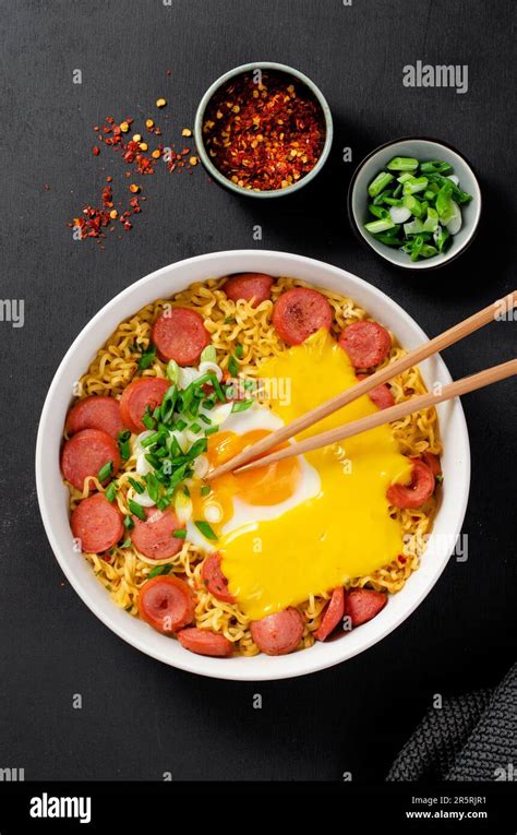 Ramen Noodles With Sausages Egg Melted Cheese And Scallion Microwave