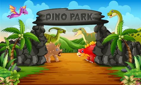 Dinosaurios En Una Ilustración De Entrada Al Parque De Dinosaurios Vector Premium