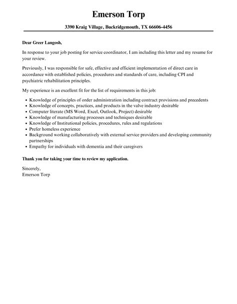 Service Coordinator Cover Letter Velvet Jobs