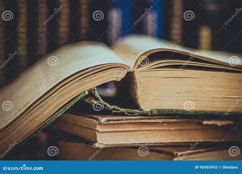 Pile Of Old Opened Books Row Of Volumes In The Background Vintage