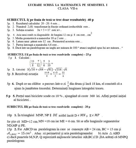 Model Teza Matematica Clasa 7 Sem 1 Cursuri Online