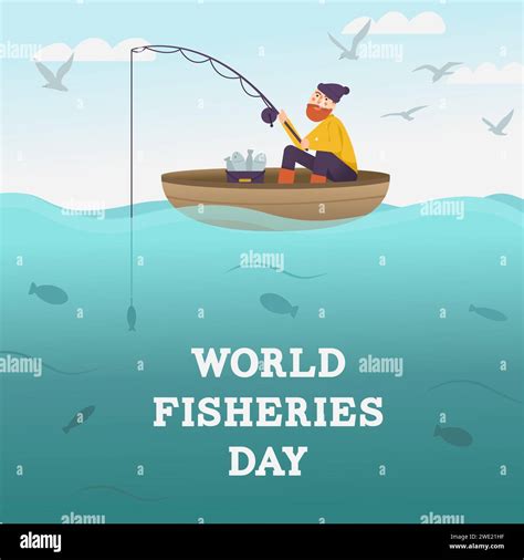 World Fisheries Day Fisherman With Fishing Rod On Boat At The Sea