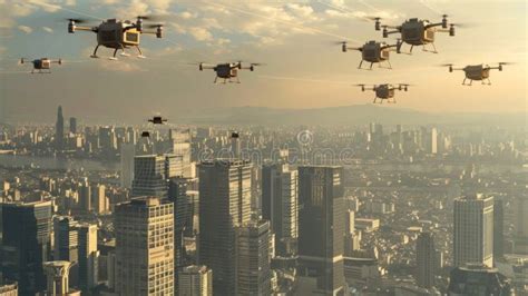 Drones Flying Over City Skyline At Sunset Stock Image Image Of Future