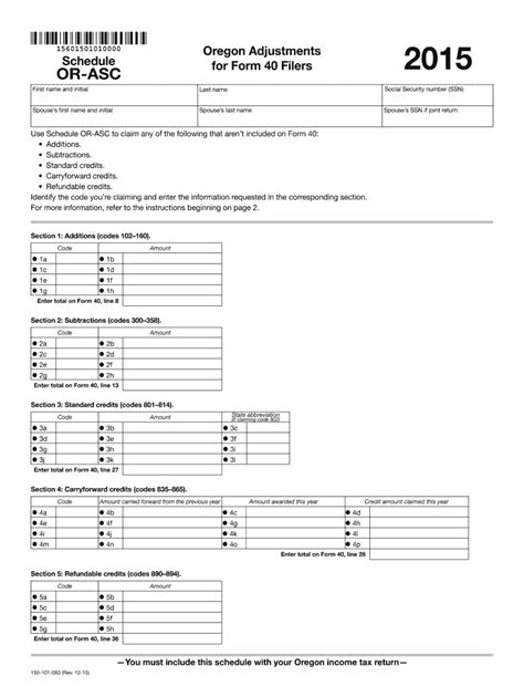 Fillable Online Oregon Schedule Or Asc Oregon Adjustments For Form