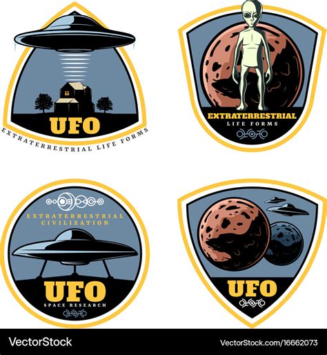 Vintage Colored Ufo Emblems Set Royalty Free Vector Image